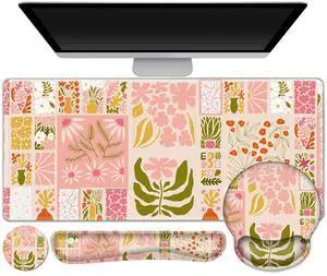 DINKY Desk Mat Mouse Pad, XXL Large Gaming Mouse Pad with Wrist Rest Wrist Support, Ergonomic Mouse Pads, Keyboard Wrist Rest, Desk Accessories Decor, Checkered Flower Plant