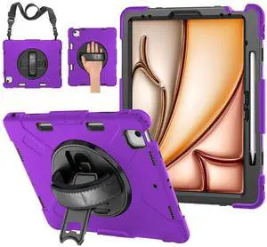 TNP Protective Case for iPad Air 13 Inch M2 6th 2024 & iPad Pro 12.9" 6th/5th/4th/3rd Gen (2022 2021 2020 2018) - Shockproof Cover w/Pencil Holder, Handle, Adjustable Stand & Shoulder Strap, Purple