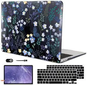 LCMOCICO for M1 MacBook Air 13 Inch Case 2021 2020 2019 2018 Release M1 A2337 A2179 A1932 Cover with Retina Display & Touch ID, Printed Pattern Plastic Hard Shell Case, Meadow Wildflower Black