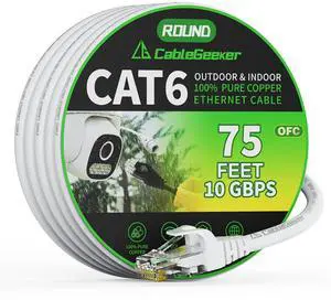 Cat 6 Ethernet Cable 75 ft, Indoor&Outdoor, High Speed 10Gbps 24AWG Pure Copper Internet Network Cable, Pure Copper Ethernet Patch Cable Long, PoE Computer LAN Cable for Router, Modem, PS5/4, White