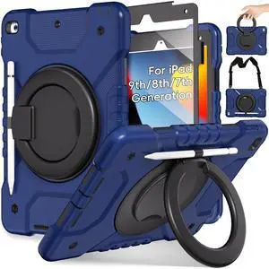 Andnary Case for iPad 9th/8th/7th Generation 10.2 inch, Heavy Duty Shockproof Cover with 360° Rotating Handle/Bracket/Pen Holder/Shoulder Strap, Kids Case for iPad 2021/2020/2019 (Navy+Black)