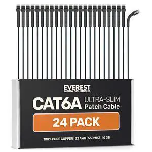 Everest Ultra Slim Cat6a Ethernet Patch Cables 2ft (24-Pack) Black - 10GB Cat 6a Patch Cable - Bendable, Flexible & Thin Ethernet Cable - Space Saving 32AWG 550MHZ Cat6a Cables - 100% Copper Wires