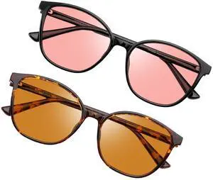 JFXQDR Women's 2 Pack Indoor Fluorescent-41 Rose & Outdoor Fluorescent-60 Brown Tinted Blue Light Blocking Glasses for Migraine, Light Sensitivity, Photophobia LED Gaming Computer Screen Glare RF6208