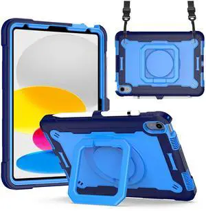 Dteck Kids Case for iPad A16/10th Generation 2025/2022, Heavy Duty Hybrid Shockproof 360°Swivel Kickstand Anti Scratch Durable Protective Case with Pencil Holder Shoulder Strap,Navy/Blue