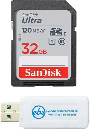 SanDisk 32GB SDHC SD Ultra Memory Card Works with Canon Powershot SX530 HS, G7 X Mark II, G9 X Mark II Camera UHS-I (SDSDUN4-032G-GN6IN) Bundle with (1) Everything But Stromboli Combo Card Reader