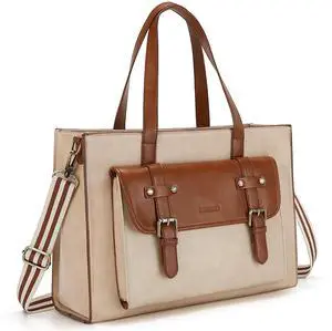 ECOSUSI Laptop Tote Bag for Women, 15.6'' Professional Work Bag Business Briefcase Leather Computer Handbag for Teacher Office Travel (Beige with brown)
