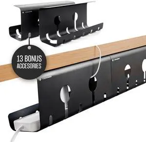 No-Drill Under Desk Cable Management Tray - 2-Pack Wire Organizer for Standing Desk - Cord Management System with Power Strip Holder - L