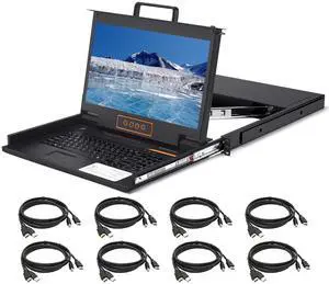 8 Port HDMI Rack Mount KVM Console 17.3-Inch 1080P with KVM Cables, Standard 1U Height KVM Switch Drawer+ Rackmount Monitor+ Keyboard+Touchpad, OSD/Hotkey/Button Switching, 20.69" Deep, Fits 19'' Rack