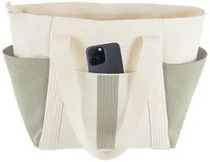 SNOWLION Large Canvas Tote Bag,White and Green, with Laptop Sleeve and Multiple Pockets (white)