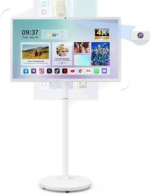 27-Inch Portable Smart TV on Wheels with Touch Screen Monitor | 8G RAM +128G Storage | 8-core CPU Qualcomm | Built-in 8-10H Battery | 8MP Webcam | Android 13 OS | Full Swivel Rotation | Remote Control