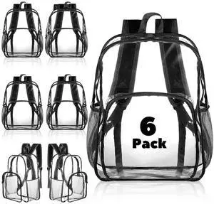Amylove 6 Pcs Clear Backpack bulk for Stadium Events Heavy Duty PVC Transparent Bookbag for College Workplace Security (15 Inches,Black)