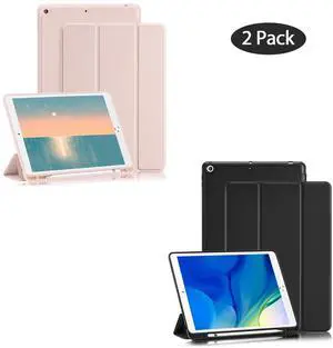 2 Pack GHINL Case for iPad 9th/8th/7th Generation Cases (2021/2020/2019) iPad 10.2-Inch Case with Pencil Holder [Sleep/Wake] Slim Soft TPU Back Smart Stand Protective Cover Cases (Light Pink+Black)