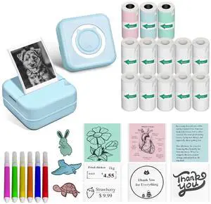Label Maker - Mini Portable Sticker Printer with 14 Rolls Self-Adhesive Thermal Papers, Labeller Machine for Home Office Study Business Texts Journal, Blue