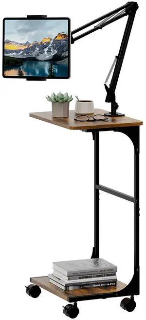 Floor Kindle Tablet iPad Stand with 2-Tier Storage Shelves,Angle Height Adjustable iPad Tablet Kindle Holder for Bed with 360-Degree Rotating Wheels, Compatible with 4.7"-13" Kindle Cell Phone iPhone