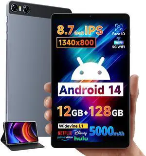 8.7 Inch Android 14 Tablet with Case, Octa-Core 12GB RAM 128GB ROM 1TB Expandable, 1280x800 HD Incell Screen, 5000mAh Battery, 5MP+8MP Camera, 2.4/5G WiFi+BT5.0, Type-C Port, GPS Tablets for Kids