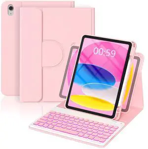 YBING for iPad A16 Case with Keyboard 11th &10th Generation, 360 Rotation Magnetic Cover with 7-Color Backlit Wireless Detachable Keypad with Pencil Holder for iPad 11th 2025/10 Gen 10.9" 2022 (Pink)