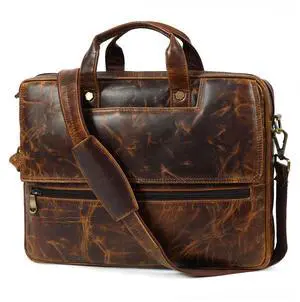 Leder Luxus Mens Laptop Bag | 16 Inch Leather Briefcase Vintage Messenger Bag | 3 Zipper Pockets | 2 Spacious inner Compartments | 1 Flap Pocket | With Ajustable Straps And Metal Grip | (Dark Brown)