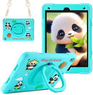YVYI Case for iPad 9th/8th/7th Generation, iPad 10.2 Inch 2021/2020/2019, Funny Cartoon Silicone 3D Panda Design Kids Case Heavy Duty Protection with Stand/Pencil Holder/Shoulder Strap (Mint Green)