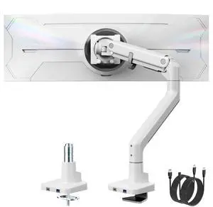 monTEK Single Monitor Arm with USB A/C, Ultrawide Monitor Stand for 17 to 57 Inch Curved Screen, Holds 59.4 lbs, Adjustable Gas Spring Arm, 75/100 VESA Mount, Clamp & Grommet Desk Mount, White