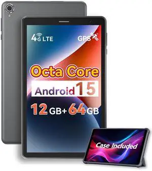 Topsand 8 Inch Android 15 Tablet with Sim Card Slot Uncloked Cellular Tablet Phone with 4G LTE Octa Core 12GB RAM 64GB ROM 2TB TF Expandable Tableta with Case