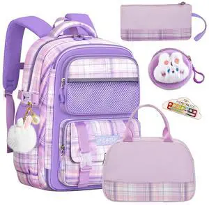 6Pcs Kawaii Backpack Set, Purple Bookbag Plaid Laptop Bag Water-Resistant Lightweight Daypack, Large Capacity School Bag Double Shoulder Backpack with Chest Strap (Purple)