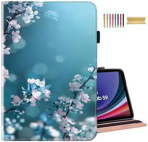 Dteck Case for Galaxy Tab S10/S9/S8 Ultra, Premium PU Leather Stand Folio Case with S Pen Holder, Elastic Band, Shockproof Protective Soft Wallet Case, Plum Blossom