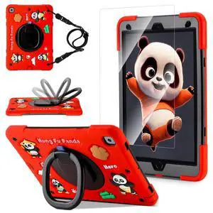 Case for iPad 9th/8th/7th Generation,Cute 3D Cool Panda Warrior Design Cover with Screen Protector, Rugged Protective Cartoon Case with Stand/Strap/Pen Slot for iPad 10.2 Kids Teens (Red+Black)