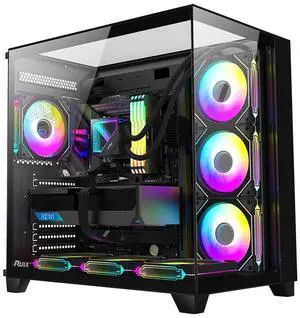 RUIX OV403 ATX Mid-Tower PC Case, Pre-Installed 4 x 120mm Prism ARGB PWM Fans and Graphics Card Holder, Three-Sided Tempered Glass Panels, USB 3.0 & Type-C Ports, Gaming Computer Case - Black