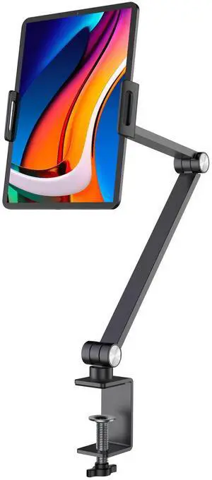 BEWISER iPad Desk Mount, Tablet Holder for Desk or Bed,Rotate 360 Degrees of Flexible, Height and Angle Adjustable, Aluminium Alloy Arm Clamp Mount Compatible with4.7-15.6" Screen (Space Gray)