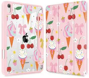 Lepeoac for Slim Case for iPad mini 7 (A17 Pro, 7th Generation) 2024 / iPad mini 6 (6th Gen) 8.3 Inch, [Built-in Pencil Holder] Clear Back Shell + Auto Wake/Sleep, Ice Cream-Bows-Pink