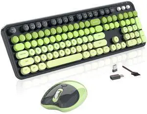 Wireless Keyboard and Mouse, MOFII 104 Round Keycaps Retro Typewriter with OTG & Brush, Full-Size Ergonomic, Ideal for Windows PC, Home, Office and College Gray Green