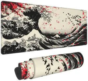 Gaming Mouse Pad Ukiyoe Japanese Art Blossom Cherry Non-Slip Rubber Base Extended Mousepad with Stitched Edges Keyboard Computer Laptop Mat for Gamer Desktop Office Home 31.5 x 11.8 in