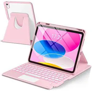 TaIYanG Touchpad for iPad A16 11th/10th Generation Case with Keyboard, 7 Color Backlit 360 Rotation Cover with Pencil Holder,Detachable Keyboard for iPad 11 inch 2025/10th Gen 10.9'' 2022 (Light Pink)
