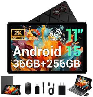 POWMUS Android Tablet, 11" Android 15 Tablet, 2K FHD Display Tablets, 36GB RAM (12+24) & 256GB ROM,1TB Expandtion, Octa-Core, 8000mAh, WiFi 6, BT 5.0, HD IPS Large tableta, Keyboard & Mouse Included