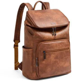 Leather Laptop Backpack for Women, 15.6 Inch Travel Backpack with Laptop Compartment, Casual Daypack Fashion Travel Backpack Purse for Travel College Work, Brown