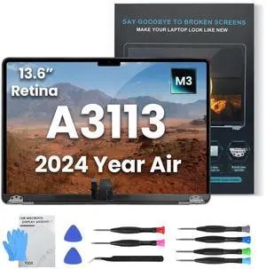 YUSE A3113 Screen Replacement for MacBook Air 13.6" M3 2024 EMC 8611 13.6 inches 2560x1664 Full LCD Display Complete Assembly with Fix KitsSpace Gray
