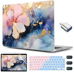 CISSOOK Compatible with MacBook Air 13.6 inch Case M2 M3 M4 Release 2025 2024 2023 2022, Plastic Hard Shell Case Keyboard Cover Screen Film for MacBook Air 13 inch A3240 A3113 A2681, Marble Flower