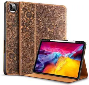 Gexmil Genuine Leather Case for iPad Pro 11 Inch 4/3/2/1st Gen 2022/2021/2020/2018,Smart Folio with Pencil Holder,Protective Shockproof Real Leather Cover,Auto Sleep/Wake,Flower Brown