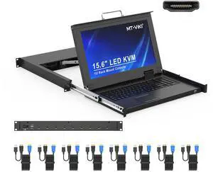 MT-VIKI 8 Port KVM Console HDMI, 1U Rack Mount KVM Console w/15.6'' LCD Monitor, 1080P Short Depth Integrated Touchpad+Keyboard+Drawer+8 Cables, Support OSD/Hotkey