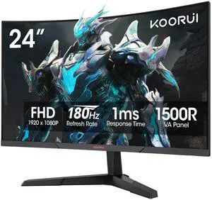 KOORUI 24 inch Curved Gaming Monitor 180Hz FHD 1080P Computer Monitor, 1ms 1500R Display, Adaptive Sync, FreeSync Premium, HDMI 2.0X2 & DP 1.2, VESA, Tilt, 24E6CA