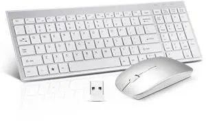 Wireless Keyboard and Mouse Combo, Compact Quiet Wireless Keyboard and Mouse Set 2.4G Ultra-Thin Sleek Design for Windows, Computer, Desktop, PC, Notebook, Laptop-Silver White