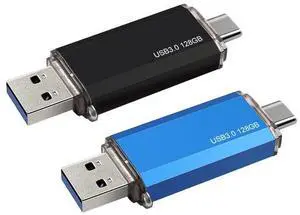 2-Pack 128GB Dual USB 3.0 Flash Drive USB C & USB A 2-in-1, Thumb Drive for Type-C Phones, PC, External Storage for Photos/Videos/Files