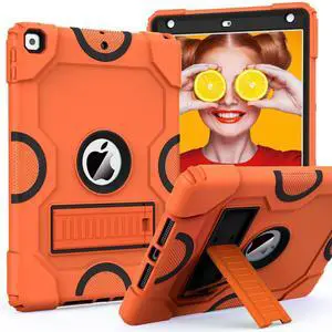 ZoneFoker for iPad 9th Generation Case, iPad 8th 7th Generation Case, iPad 10.2 Inch 2021/2020/2019 Case, Heavy Duty Rugged Shockproof Protective Cover with Kickstand for Kids Boys Girls Orange