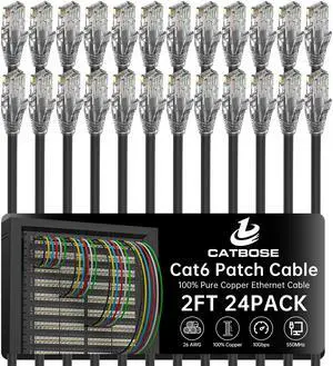 2 Feet Cat6 Patch Cables(24 Pack), Solid Pure Copper Patch Cord, Cat 6 Ethernet Cable, UTP Network, High Speed RJ45 Internet Cables, Compatible for Router, Switche, PC, Server, PS4/5, Xbox - Black