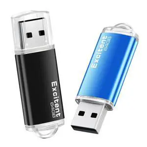 Excitent 2PCS 64GB USB Storage Flash Drives, Portable Memory Stick Thumb Drive with Keyhole, 64GB USB 2.0 Jump Drive with LED Light,Small Pen Drive Zip Drive,Easy to Carry (Black & Blue)