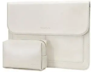 MOSISO Laptop Case 13.3 inch, 13-13.3 inch Laptop Sleeve Compatible with MacBook Air/Pro 13 / Pro 14, HP Dell ASUS Lenovo Notebook, PU Leather Flap Carrying Case with Stand&Small Pouch, Beige