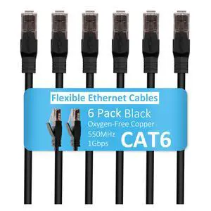 Cat6 Ethernet Cable 6 FT (6-Pack), Snagless Cat 6 Patch Cable, Upgraded Flexible PVC Jacket, Multi-Pack, OFC, 1Gbps, Cat6 Internet Network Cables, UTP, PC, Router, Servers, IT Data Center, Black