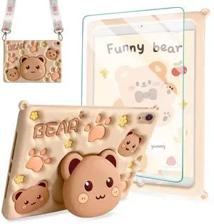 for iPad 10th Generation Case iPad 10.9 Case with Screen Protector Shoulder Strap Cute Bear Case Stand Kickstand Cartoon Silicone Cover Girls Kids for iPad10th Gen 10.9''(Brown