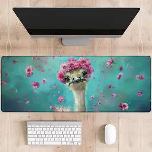 dhakalrlde Cute Ostrich with Flower Crown Gaming Mouse Pad, Funny Design Large Desk Mat for Computer, Extended Keyboard Laptop Mouse Pads 31.5×11.8in, Non Slip Rubber Mousepad for Office Decor