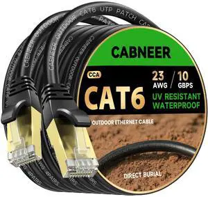 CABNEER Cat 6 Ethernet Cable 100 ft, Outdoor & Indoor 23AWG 10Gbps High Speed, Weatherproof Direct Burial LLDPE UV Jacket, RJ45 CCA LAN Cable with 20 Ties, Support for Cat5e/Cat5/Cat6 Networks